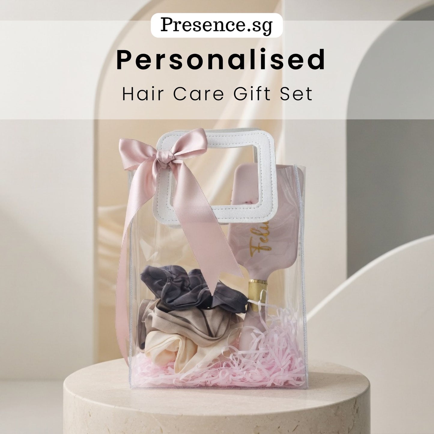 Personalized Hair Care Gift Set | Custom Name Paddle Hair Brush & Satin Scrunchie Trio