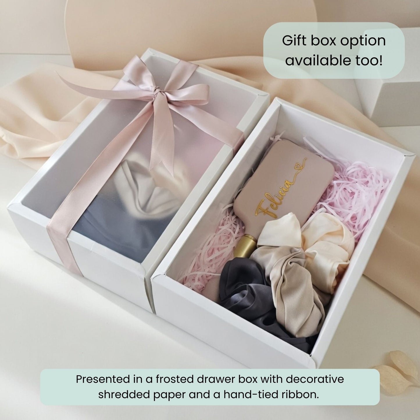 Personalized Hair Care Gift Set | Custom Name Paddle Hair Brush & Satin Scrunchie Trio